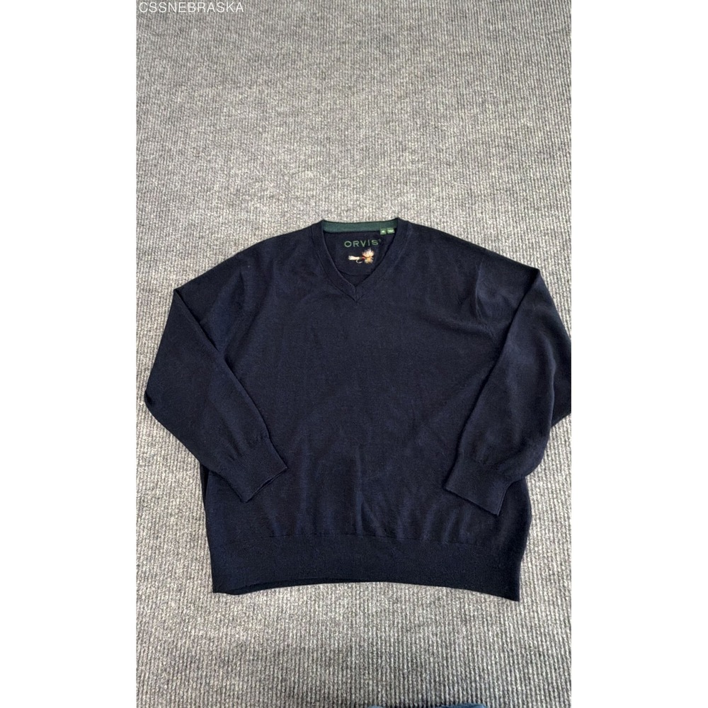Orvis Men's Navy Blue 100% Merino Wool V-Neck Sweater Embroidered Fly Logo XL